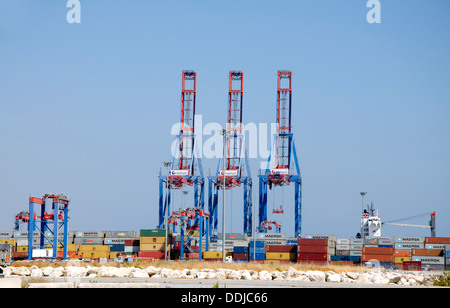 Colorato di gru per il carico e lo scarico nel porto di Malaga, terminale per contenitori, Andalusia, Spagna. Foto Stock