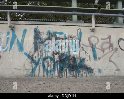 Graffiti su un muro di un ponte pedonale a Brooklyn, New York. Foto Stock