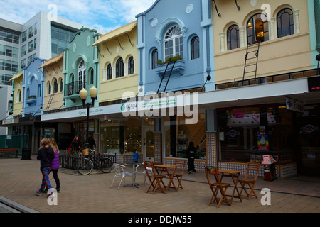 La missione spagnola architettura di stile, Nuovo Regent Street, Christchurch, Canterbury, Isola del Sud, Nuova Zelanda Foto Stock