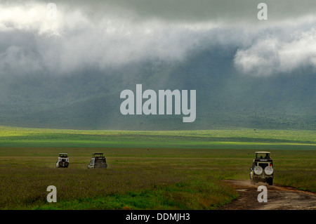 Il Jeep safari tour in Ngorongoro Parco nazionale di raccolta della Tanzania Foto Stock