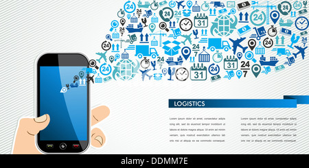 Spedizioni e logistica il concetto di mobilità: mano trattiene un telefono intelligente con icone splash. File vettoriale in strati per operazioni di editing semplici. Foto Stock