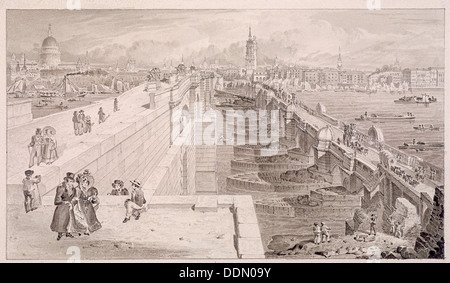 London Bridge (vecchie e nuove),Londra, 1831. Artista: Thomas Hosmer Pastore Foto Stock