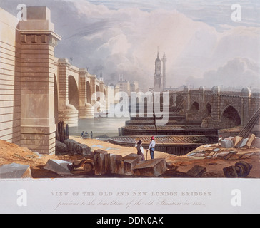 London Bridge (vecchie e nuove), Londra, 1832. Artista: Anon Foto Stock