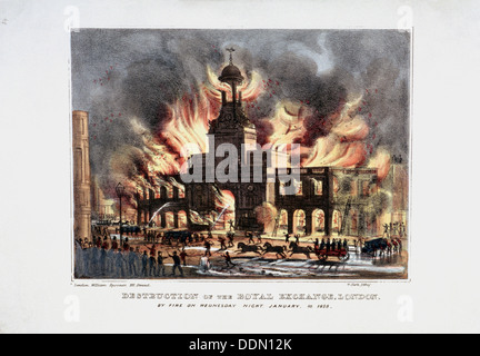 "Distruzione del Royal Exchange' (2nd) fire, Londra, 1838. Artista: W Clerk Foto Stock