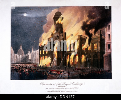 "Distruzione del Royal Exchange' (2nd) fire, Londra, 1838. Artista: Anon Foto Stock