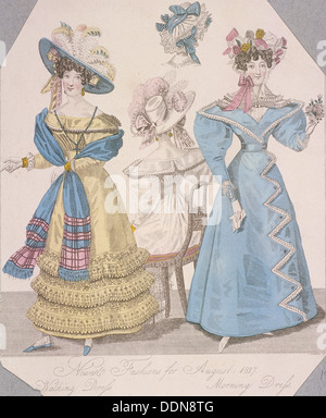 Due donne che indossano abiti a piedi e tight, 1827. Artista: Anon Foto Stock