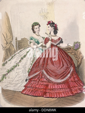 Due donne che indossano le ultime mode indoor, c1850. Artista: Anon Foto Stock