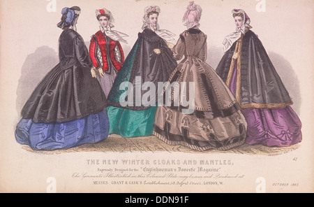 Cinque donne indossando le ultime mode invernali, 1863. Artista: Anon Foto Stock