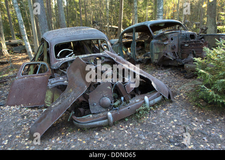 La formazione di ruggine vecchia auto in un cimitero di auto in una foresta Foto Stock