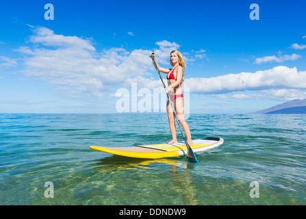 Donna attraente in Stand Up Paddle Board, SUP, tropicale oceano blu, Hawaii Foto Stock