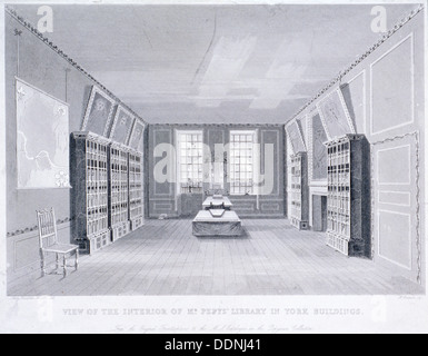 Vista interna del signor Pepys Library in York Buildings, Westminster, London, c1670. Artista: R Cooper Foto Stock