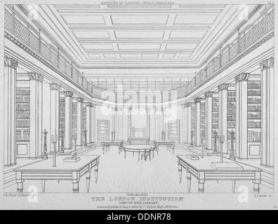 Vista interna della libreria nell'istituzione di Londra, Finsbury Circus, città di Londra, 1824. Artista: James Carter Foto Stock