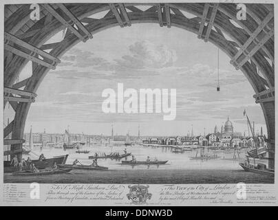 Vista di Londra e il fiume Tamigi da sotto il ponte di Westmister, 1747. Artista: Remigius Parr Foto Stock