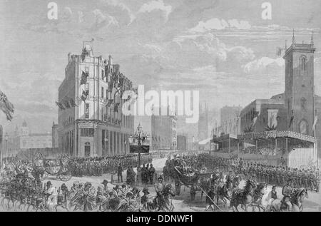 La regina Victoria a Holborn Circus sul suo modo di apertura di HOLBORN VIADUCT, LONDRA, 1869. Artista: Anon Foto Stock