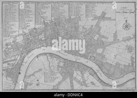 Mappa della città di Londra, il Tamigi e la City of Westminster e le aree circostanti, 1700. Artista: C Inselin Foto Stock