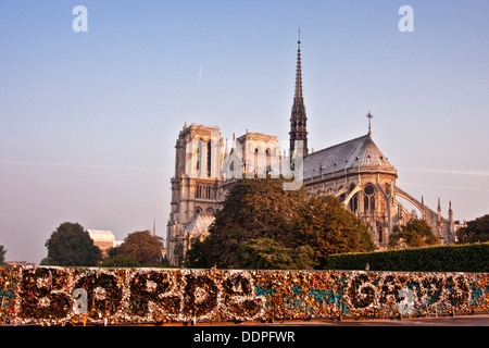 La cattedrale di Notre Dame Parigi Francia e il ponte di amore si blocca Foto Stock