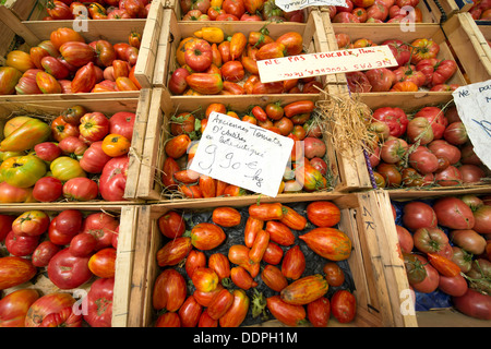 Pomodori rustico in vendita in un tradizionale provenzale mercato alimentare nel centro di Antibes, Cote d'Azur, in Francia Foto Stock