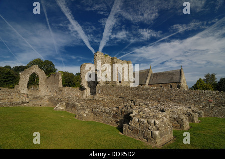 Getto di vapore su sentieri St Dogmaels le rovine dell'Abbazia e chiesa di San Tommaso Foto Stock