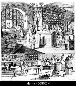 Medicina e Farmacia, farmacia, salesroom e laboratorio, dopo incisione su rame da A.Chr.Fleischmann, da: Franz Philipp Floriuns (1649 - 1699), 'Oeconomus prudens et legalis', Norimberga - Francoforte - Leipzig, 1722, artista del diritto d'autore non deve essere cancellata Foto Stock