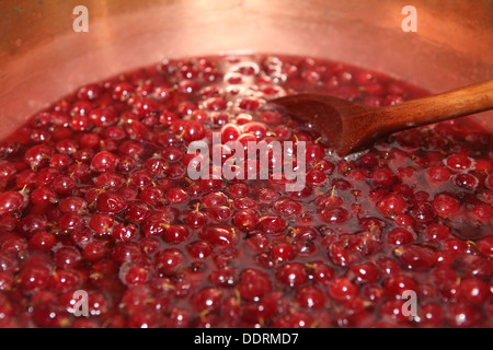 Ribes rosso in un rame preservare pan pronta per la produzione di marmellate Foto Stock