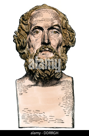 Busto del poeta greco Homer. Colorate a mano la xilografia Foto Stock