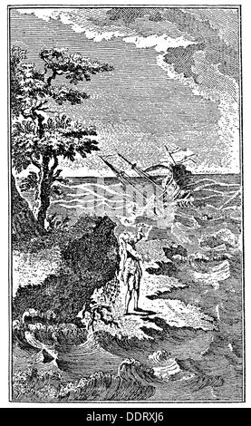 Letteratura, Robinson Crusoe di Daniel Defoe (1660 - 1731), Illustrazione, Robinson pregando dopo il suo salvataggio dalla tempesta, vignette, incisione su rame da una edizione francese, 1768, artista del diritto d'autore non deve essere cancellata Foto Stock