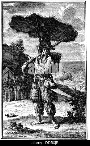 Letteratura, Robinson Crusoe di Daniel Defoe (1660 - 1731), Illustrazione, Robinson con la sua aletta parasole, incisione su rame da una prima edizione francese, 1720, artista del diritto d'autore non deve essere cancellata Foto Stock