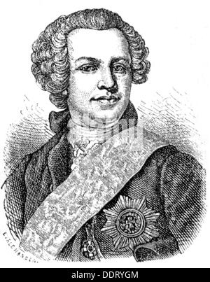 Bernstorff, Johann Hartwig Ernst Conte di, 13.5.1712 - 18.2.1772, diplomatico e politico tedesco, ministro degli Esteri danese 1751 - 1770, ritratto, incisione in legno, 19th secolo, Foto Stock