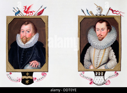 Sir Francis Drake e Sir Martin Frobisher, inglese del secolo XVI, navigatori (1825). Artista: Sarah, contessa di Essex Foto Stock
