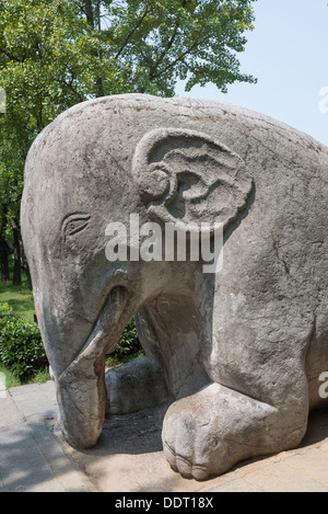 Le Tombe dei Ming, Nanjing, Cina. Le statue di un elefante sulla strada dell'Elefante. Foto Stock