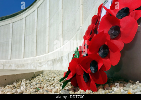Poppies a WW1 Tyne Cot Memoriale al mancante, Commissione delle tombe di guerra del Commonwealth cimitero per la prima guerra mondiale i soldati britannici Foto Stock