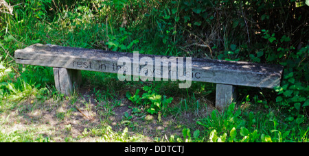 Un sedile in legno per il resto del Marriott il modo della distanza lungo il sentiero a Lenwade, Norfolk, Inghilterra, Regno Unito. Foto Stock