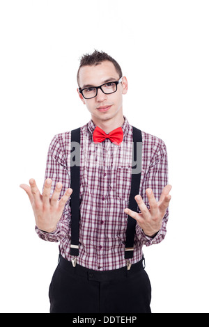 Nerd uomo gesticolando, isolato su sfondo bianco. Foto Stock