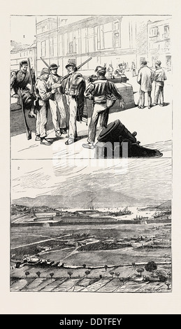 L' insurrezione di Cartagena, Spagna: 1. Sui Bastioni: Tipi di insorti. 2. L'Arsenal e il porto di Cartagena, 1873 Foto Stock