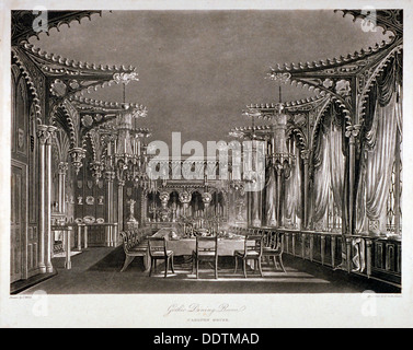 Vista interna della sala da pranzo gotica in Carlton House, Westminster, Londra, 1819. Artista: Thomas Sutherland Foto Stock