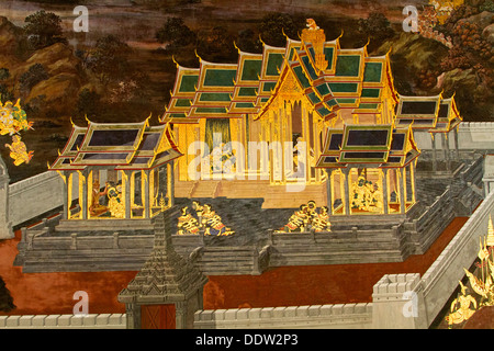 Dettaglio dall'antica Ramayana carta murale del Re di Thailandia del Royal Grand Palace complesso in Bangkok, Tailandia. Foto Stock