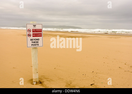Segno su una spiaggia di avvertimento che no cani o automobili sono consentiti al di là di questo punto. Foto Stock