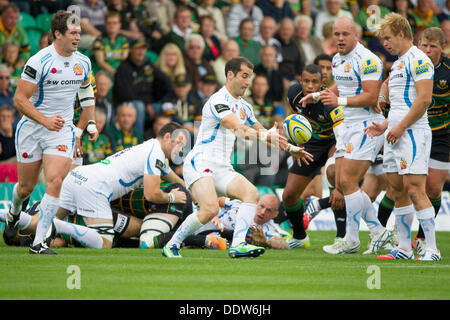 Northampton, Regno Unito. 07Th Sep, 2013. Exeter di Haydn THOMAS rende un gioco durante la Aviva Premiership partita di rugby tra Northampton santi e Exeter Chiefs da Franklin's Gardens. Credito: Azione Sport Plus/Alamy Live News Foto Stock