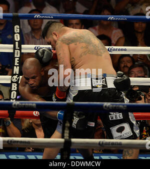 Indio California, Stati Uniti d'America. 7 Sep, 2013. Peso pesante boxer Chris Arreola va 1 round con Seth Mitchell sabato il 7 settembre. al Fantasy Springs Resort Casino. Chris Arreola ha preso la vittoria per la WBC heavyweight internazionale dal titolo TKO come arbitro Jack Reese interrompere la lotta vicino alla fine del 1° round come Seth Mitchell non era combattendo indietro. Indio CA. Credit: Gene Blevins/ZUMAPRESS.com/Alamy Live News Foto Stock