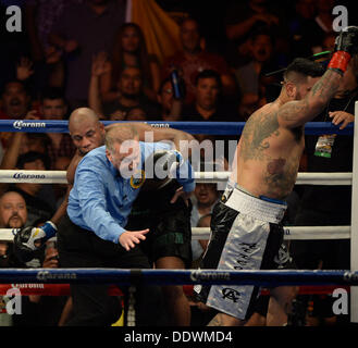 Indio California, Stati Uniti d'America. 7 Sep, 2013. Peso pesante boxer Chris Arreola va 1 round con Seth Mitchell sabato il 7 settembre. al Fantasy Springs Resort Casino. Chris Arreola ha preso la vittoria per la WBC heavyweight internazionale dal titolo TKO come arbitro Jack Reese interrompere la lotta vicino alla fine del 1° round come Seth Mitchell non era combattendo indietro. Indio CA. Credit: Gene Blevins/ZUMAPRESS.com/Alamy Live News Foto Stock