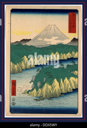 Hakone no kosui, il lago in Hakone. 1858., 1 stampa : xilografia, colore ; 36 x 24.7 cm., stampa mostra le scogliere ripide e rock Foto Stock