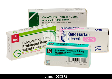 Il verapamil, felodipina, candesartan cilexetil, Bisoprolol, utilizzati per il trattamento di alta pressione sanguigna e altri problemi cardiaci. Foto Stock