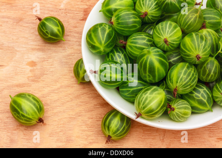 Piatto bianco riempito con piante succulente succosa fresche e mature Ribes verde su un vecchio tavolo di legno alto. Foto Stock