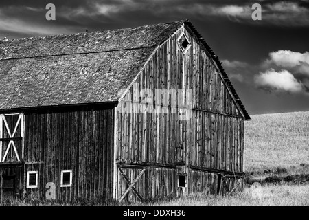 In bianco e nero di un vecchio fienile nel Palouse regione agricola del sé nello Stato di Washington, USA Foto Stock