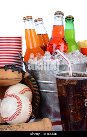 Tavolo da picnic pronto per un picnic estivo. A freddo bottiglie di soda in un secchio pieno di ghiaccio Foto Stock