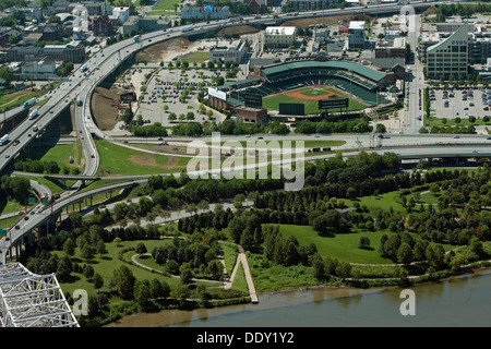 Fotografia aerea del lungofiume di Louisville Slugger e campo, Louisville, Kentucky Foto Stock