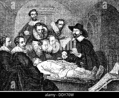 Medicina, anatomia, dissezione / autopsia, dopo la pittura 'la lezione di anatomia del Dr. Nicolaes Tulp' di Rembrandt van Rijn (1606 - 1669), 1632, incisione del legno, diritti aggiuntivi-clearences-non disponibile Foto Stock