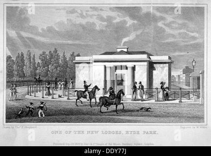 Vista di un lodge in Hyde Park, Londra, 1828. Artista: W Wallis Foto Stock