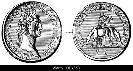 Nerva (Marcus Cocceius Nerva), 8.11.30 - 27.1.98, imperatore romano 18.9.96 - 27.1.98, ritratto, moneta, sesterzio, 97, obverse e reverse, incisione in legno, 19th secolo, Foto Stock