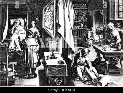 Medicina, malattie sessualmente trasmissibili, sifilide, guajacum come rimedio contro la malattia, dopo il disegno di Jan van der Straet (1523 - 1605), incisione su rame di J.Galle, circa 1570, artista del diritto d'autore non deve essere cancellata Foto Stock